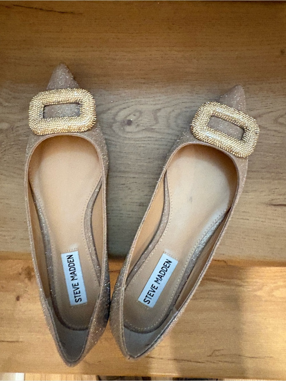 Steve Madden Gold Glitter Pointed-Toe Flats with Beaded Buckle Accent